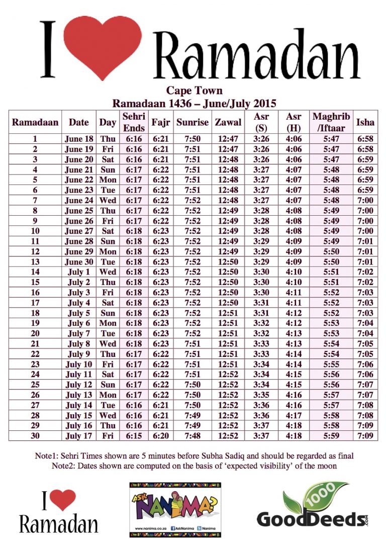 ramadan calendar cape town